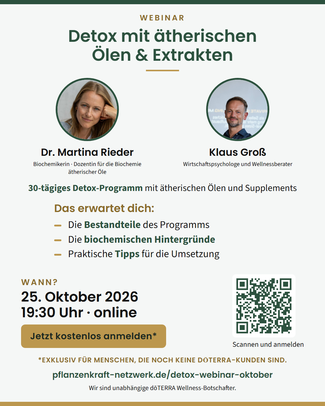 Flyer zum Detox-Webinar am 25. Oktober 2026 mit Dr. Martina Rieder und Klaus Groß
